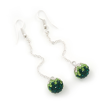 Emerald Green/Clear Crystal Ball Chain Drop Earrings In Silver Plating - 10mm Diameter/ 6.5cm Length - main view