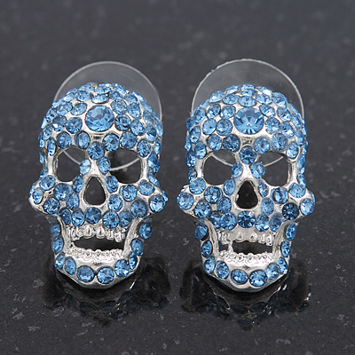 Small Dazzling Blue Crystal Skull Stud Earrings In Silver Plating - 2cm Length - main view
