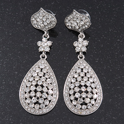 Swarovski Crystal Teardrop Earrings In Silver Plating - 7cm Length - main view