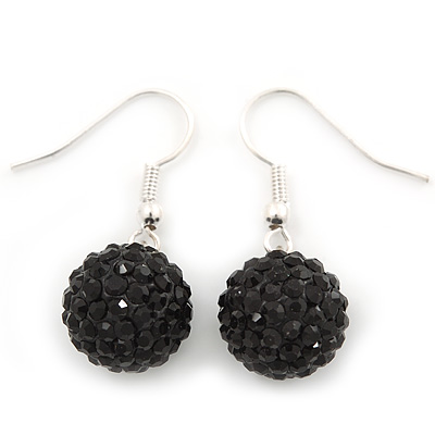 Black Crystal Ball Drop Earrings In Silver Plated Finish - 12mm Diameter/ 3cm - main view