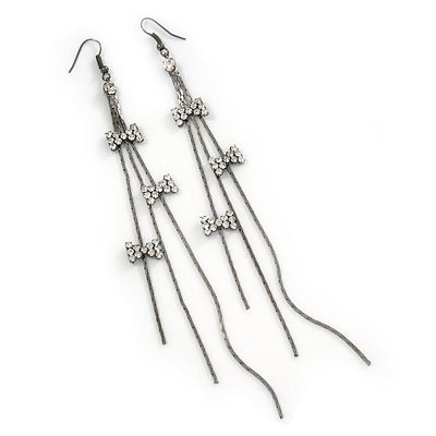 Long Tassel With Crystal Bow Earrings In Gun Metal - 15cm Length