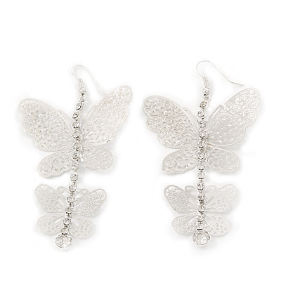 Long Lightweight Filigree Diamante 'Butterfly' Earrings In Silver Plating - 8cm Length