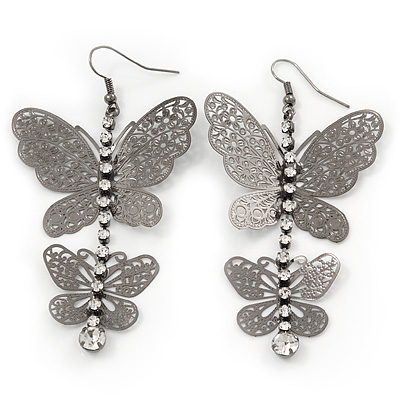 Long Lightweight Filigree Diamante 'Butterfly' Earrings In Gun Metal Finish - 8cm Length