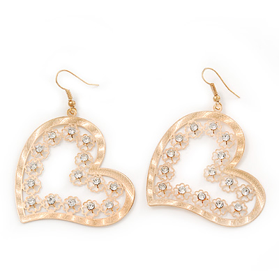 Gold Plated Open-Cut Diamante 'Heart' Drop Earrings - 6cm Length - main view