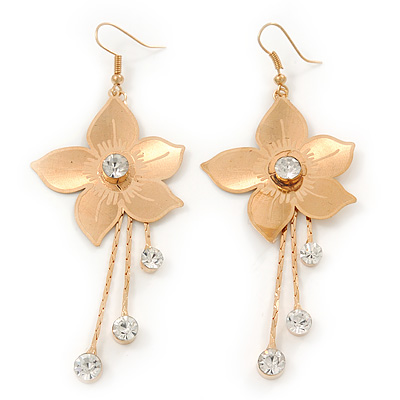 Long Flower With Crystal Dangles Earrings In Gold Plated Metal - 9cm Length - main view
