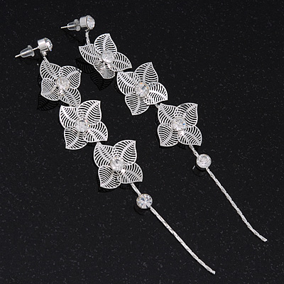 Long Silver Tone Floral Filigree Drop Earrings - 12.5cm Length