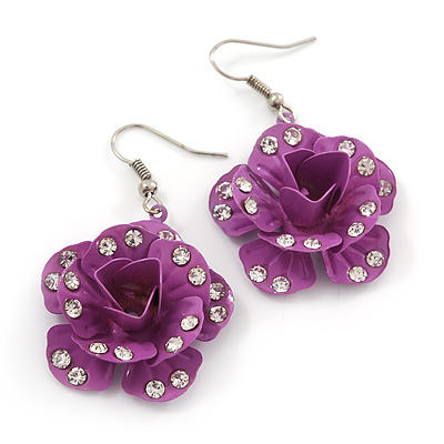 3D Purple Diamante 'Rose' Drop Earrings In Silver Plating - 5cm Length