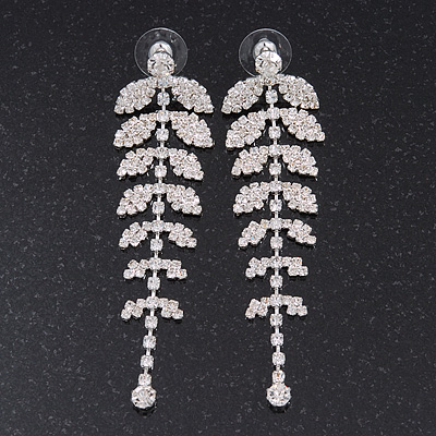 Long Crystal 'Leaf' Earrings In Silver Plating - 8.5cm Length - main view