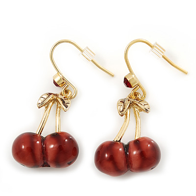 Small Sweet Red Resin 'Cherry' Drop Earrings In Gold Plating - 3.5cm Drop - main view