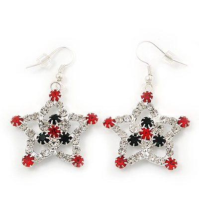 Red/Green/White Crystal 'Christmas Star' Drop Earrings In Silver Plating - 5cm Length