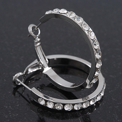 Clear Crystal Classic Hoop Earrings In Rhodium Plating - 3cm Diameter