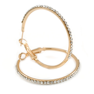 Clear Crystal Classic Hoop Earrings In Gold Plating - 4cm Diameter