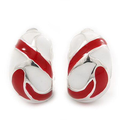 Red/White C-Shape Geometric Enamel Clip-on Earrings In Rhodium Plating - 20mm