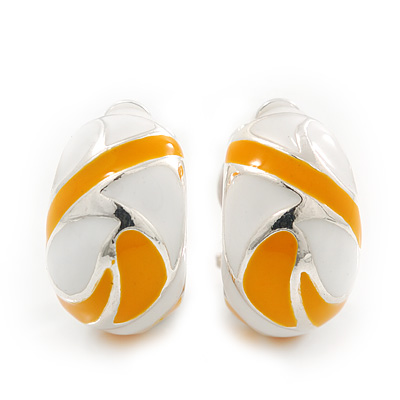 Yellow/White C-Shape Geometric Enamel Clip-on Earrings In Rhodium Plating - 20mm