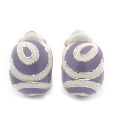 Lavender/White Enamel C-Shape Clip-on Earrings In Rhodium Plating - 15mm Length