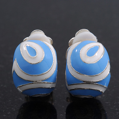 Blue/White Enamel C-Shape Clip-on Earrings In Rhodium Plating - 15mm Length