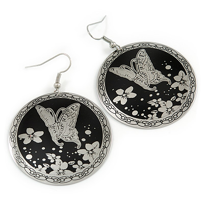 Black/Silver Round 'Butterfly' Drop Earrings - 6cm Length - main view