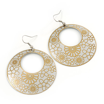 Gold/Metallic Silver Cut-Out Floral Hoop Earrings - 6cm Length