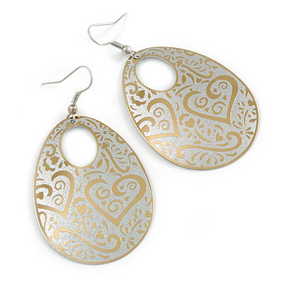 Gold/Metallic Silver Cut-Out Floral Oval Hoop Earrings - 6.5cm Length