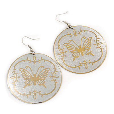 Metallic Silver Round 'Butterfly' Drop Earrings - 6cm Length