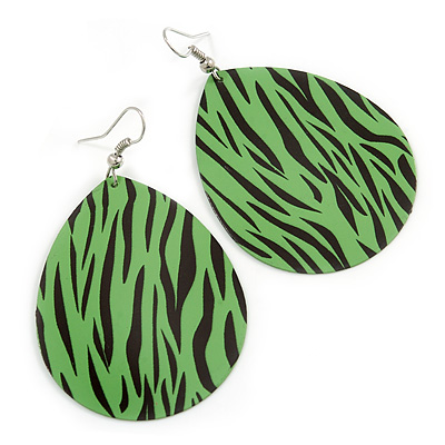 Long Green 'Zebra Print' Teardrop Metal Earrings - 6.5cm Length