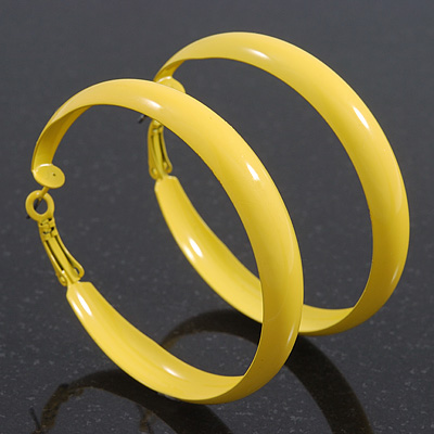 Large Bright Yellow Enamel Hoop Earrings - 55mm Diameter