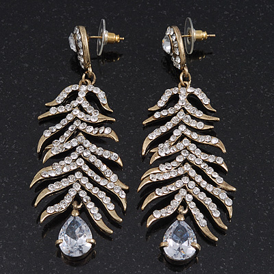 Long Ice Clear CZ 'Feather' Drop Earrings In Burn Gold Finish - 8cm Length