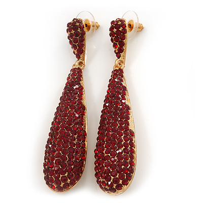 Luxury Red Crystal Teardrop Earrings In Gold Plating - 7.5cm Length - main view