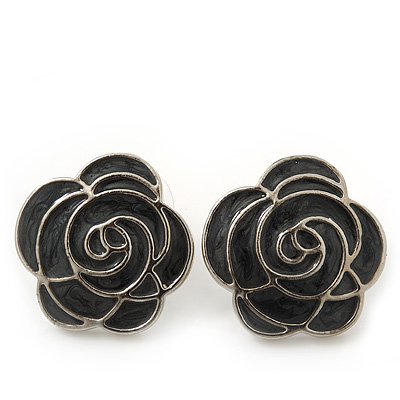 Dark Grey Enamel 'Rose' Stud Earrings In Rhodium Plating - 2cm Diameter