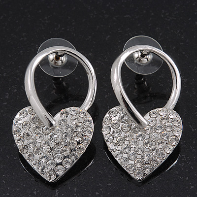 Romantic Crystal 'Heart' Drop Earrings In Silver Plating - 3.5cm Length - main view
