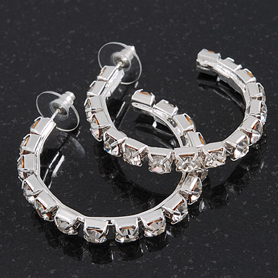 Medium Austrian Crystal Hoop Earrings In Silver Metal - 4.5cm D