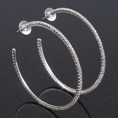 Large Clear Crystal Hoop Earrings In Rhodium Plating - 7.5cm Diameter