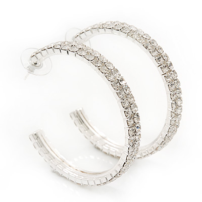 2-Row Clear Crystal Hoop Earrings In Rhodium Plating - 5cm Diameter