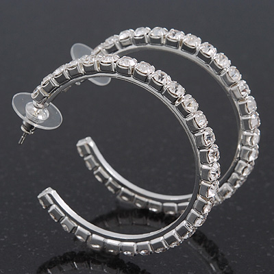 Medium Classic Austrian Crystal Hoop Earrings In Rhodium Plating - 4.5cm D