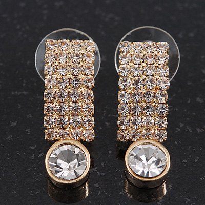 Clear Crystal 'I' Shape Stud Earrings In Gold Plating - 2.5cm Length - main view