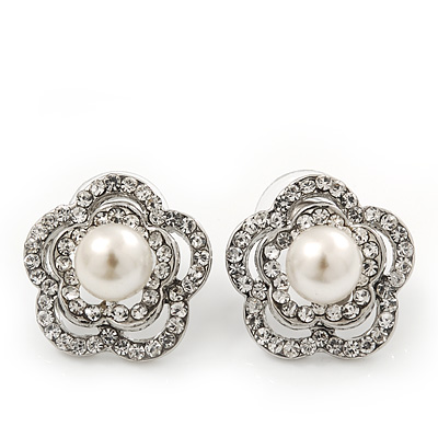 Classic Crystal Faux Pearl Flower Stud Earrings In Rhodium Plating - 2cm Diameter