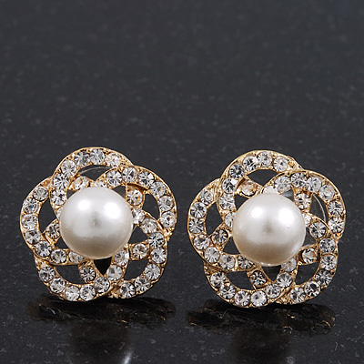 Gold Plated Diamante Faux Pearl Flower Stud Earrings - 2cm Diameter