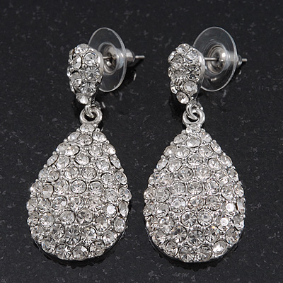 Bridal Clear Diamante Teardrop Earrings In Rhodium Plating - 4cm Length