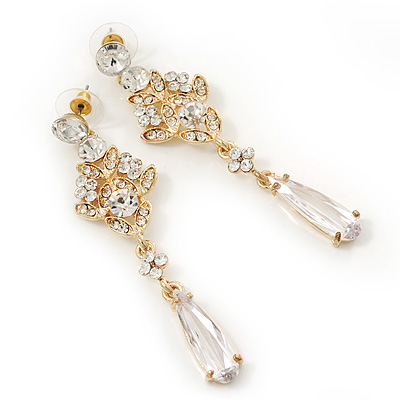 Bridal Clear Cz Chandelier Drop Earring In Gold Plating - 8cm Length - main view