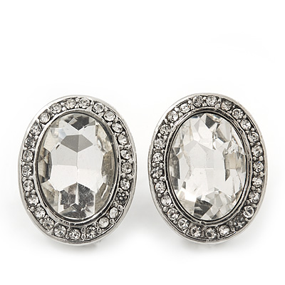 Small Oval Clear Glass Stud Earrings In Silver Plating - 2cm Length