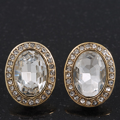 Small Oval Clear Glass Stud Earrings In Gold Plating - 2cm Length