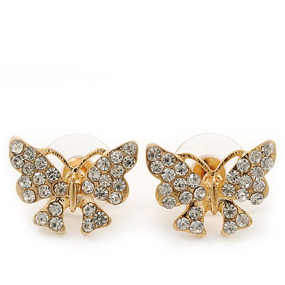 Gold Plated Clear Swarovski Crystals 'Butterfly' Stud Earrings - 2cm Length - main view
