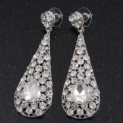 Silver Plated Clear CZ Teardrop Earrings - 6.5cm Length - main view