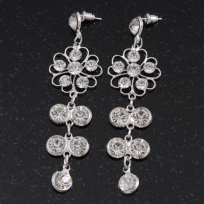 Clear Crystal Silvertone Flower Drop Earrings - 7.5cm Length