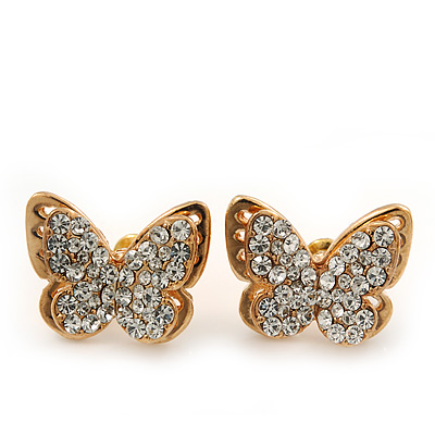 Gold Plated Swarovski Crystal 'Alegria' Butterfly Stud Earrings - 1.5cm