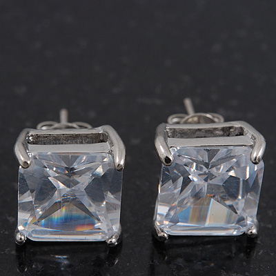 Princess-Cut Clear CZ Stud Earrings In Rhodium Plating - 10mm Diameter - main view