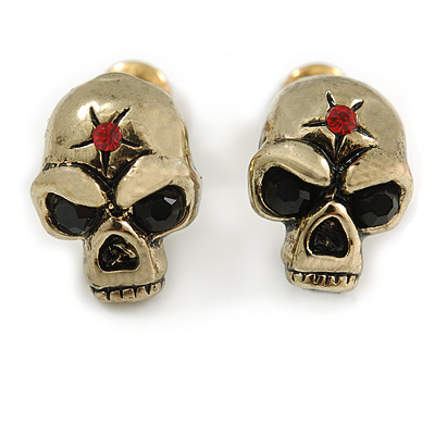 Small Skull With Red Stone Stud Earrings In Burn Gold Metal - 14mm Length - main view