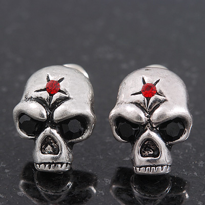 Small Skull With Red Stone Stud Earrings In Burn Silver Metal - 14mm Length - main view