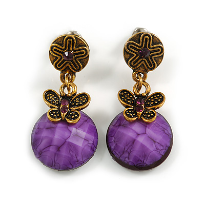 Delicate Violet Acrylic Bead Butterfly Drop Earrings In Antique Gold Metal - 4cm Length