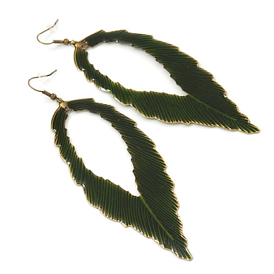 'Eve's Leaf' Dark Green Enamel Drop Earrings In Burn Gold Metal - 12cm Length - main view